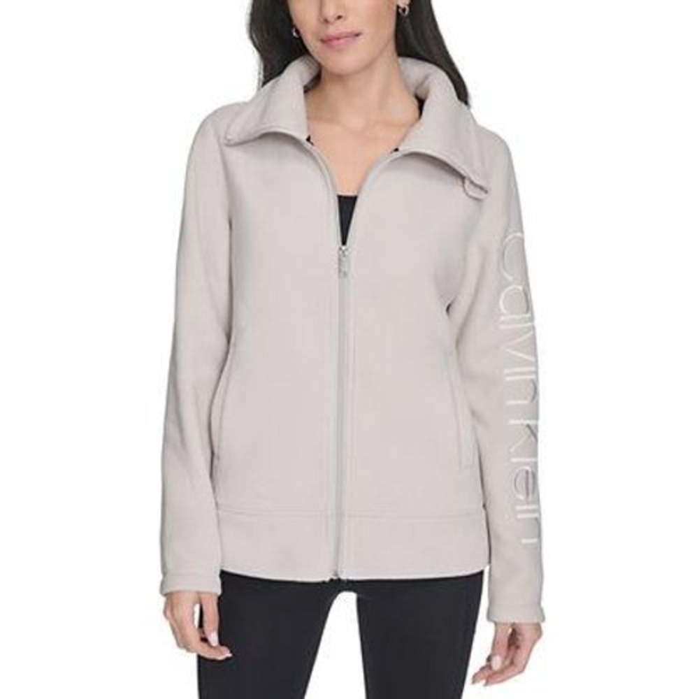 Calvin Klein Performance Taupe Fleece Jacket Logo Sleeve Women M Athleisure Zip